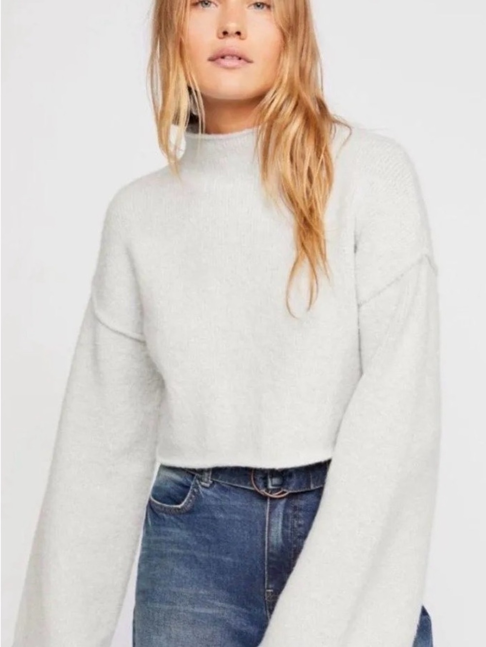 Free People Lost in A Forest Sweater Heather Light Gray Cropped Mock Neck size S